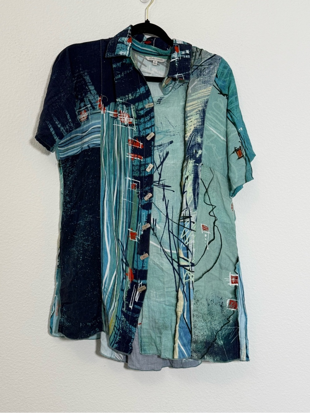 John Mark Abstract Art Button Front Tunic Top Small Boho Coastal Artist